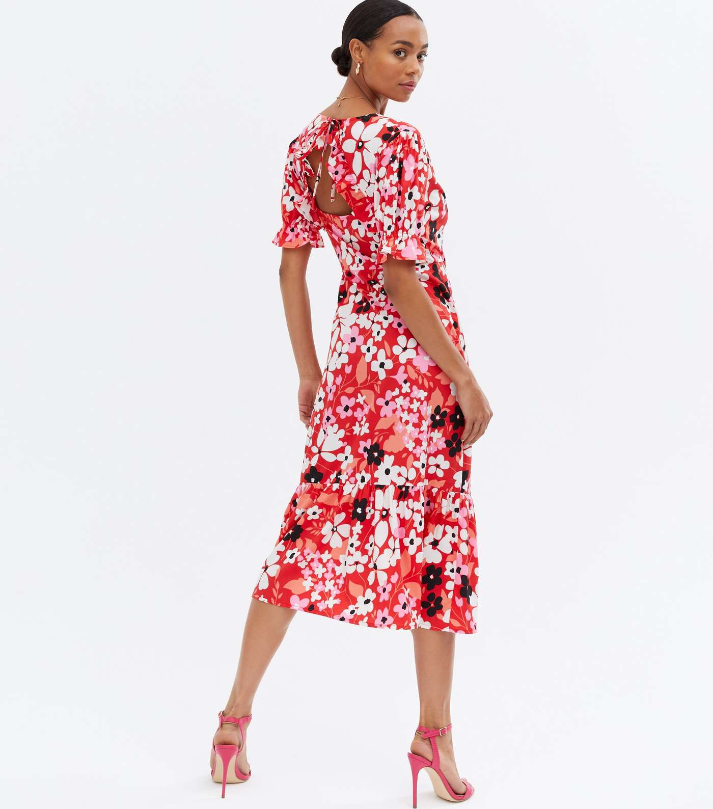 Red Floral Tiered Midi Wrap Dress Image 4