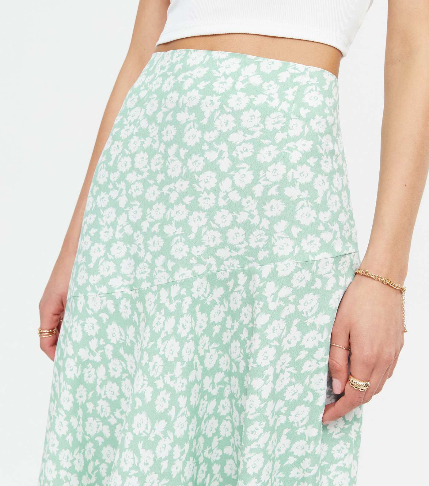 Blue Vanilla Mint Green Floral Asymmetric Hem Midi Skirt Image 3