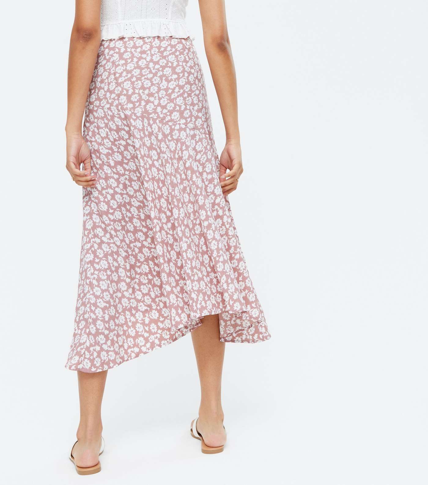 Blue Vanilla Pink Floral Asymmetric Hem Midi Skirt Image 4