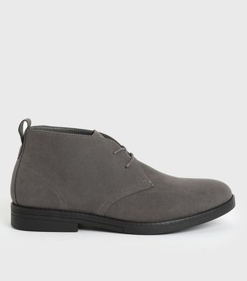 Mens Dark Grey Suedette Round Toe Lace Up Desert Boots New Look