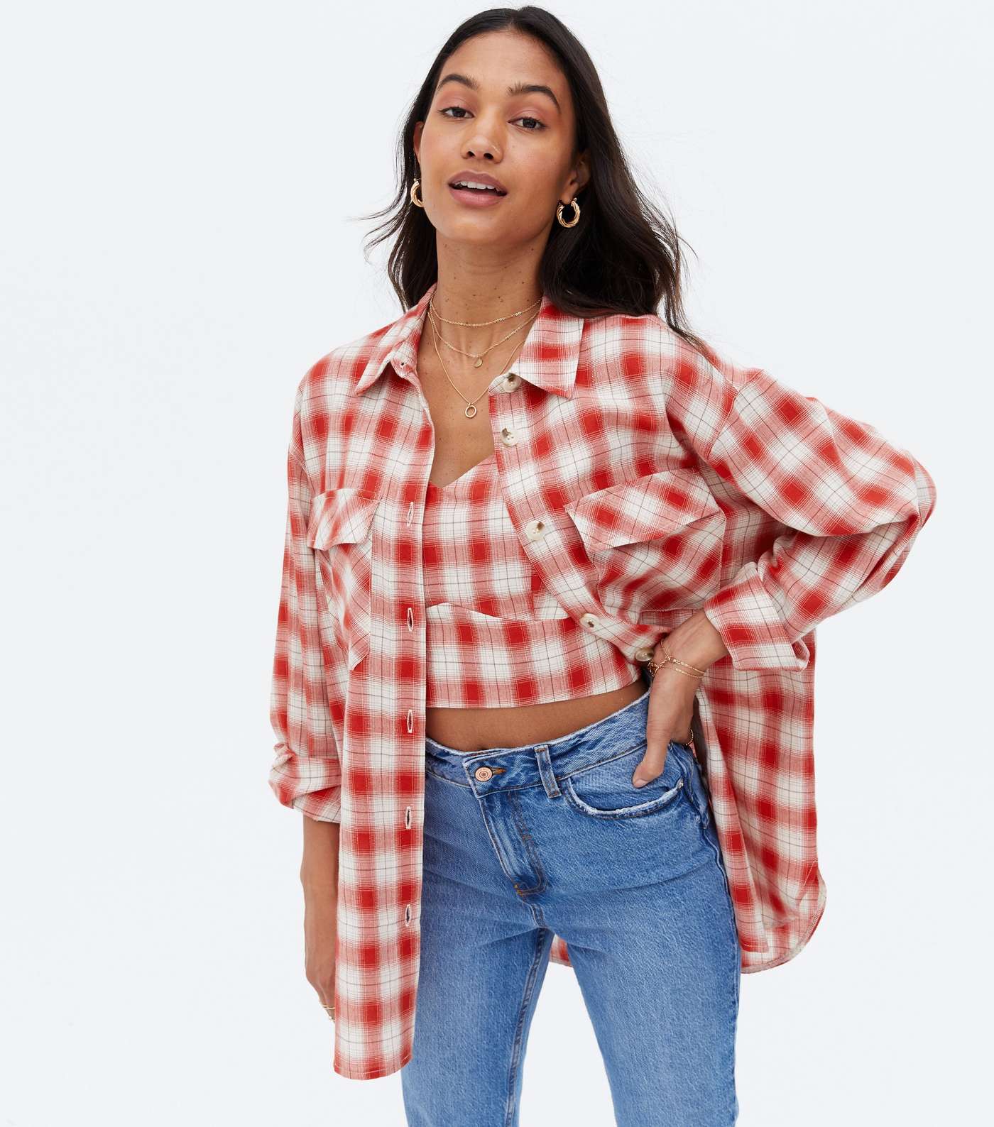 Red Check Pocket Front Oversized Shirt