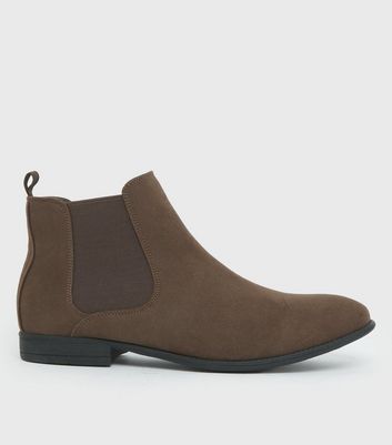 Mens Dark Brown Suedette Round Toe Chelsea Boots New Look