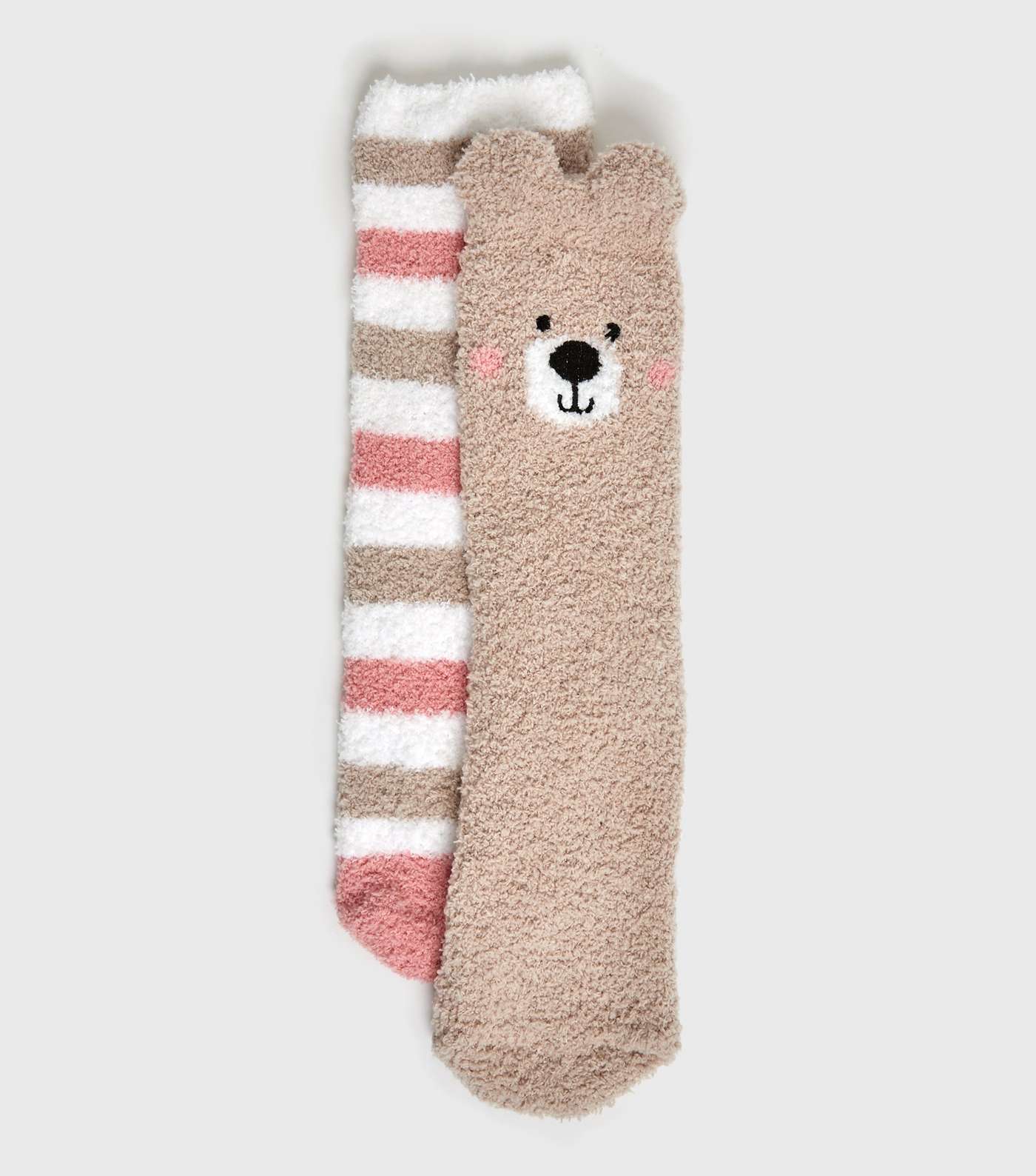 2 Pack Brown Bear and Stripe Fluffy Socks Image 2