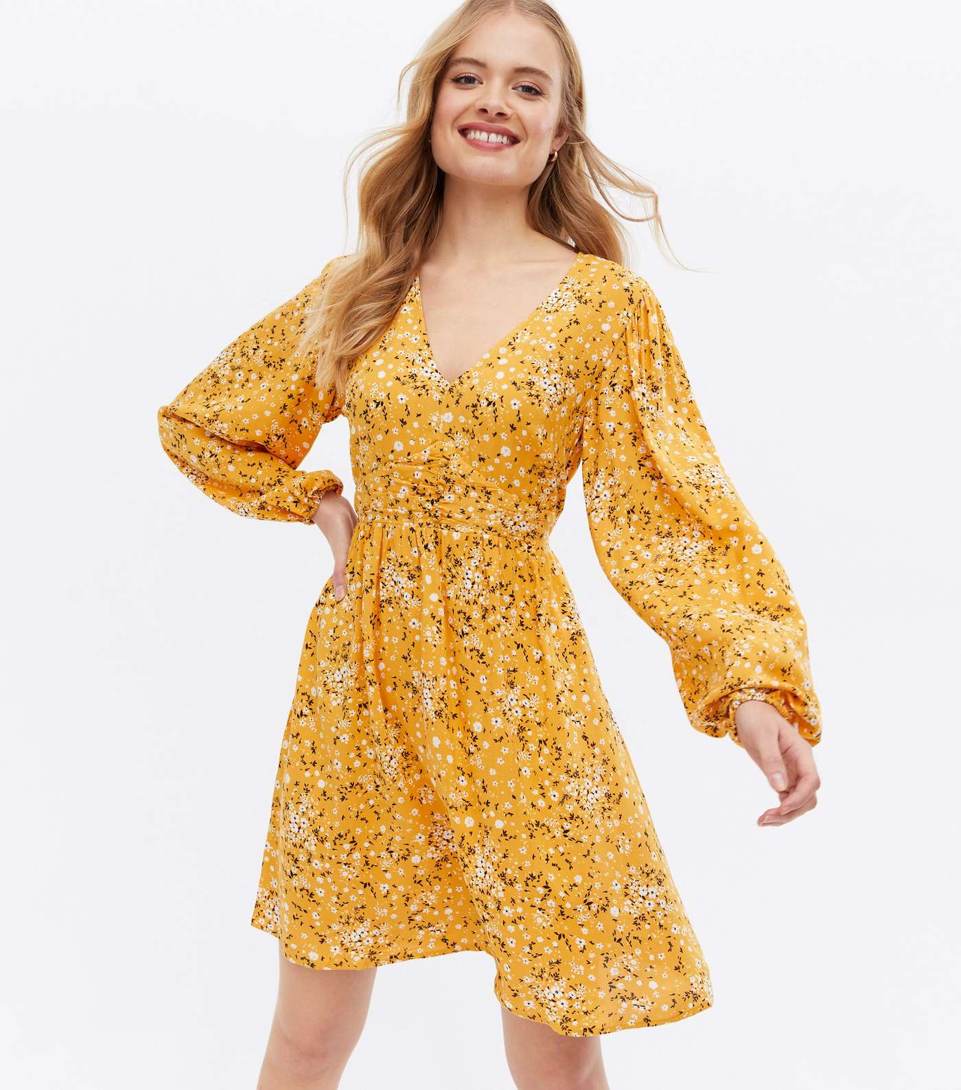 Yellow Ditsy Floral Puff Sleeve Button Mini Dress