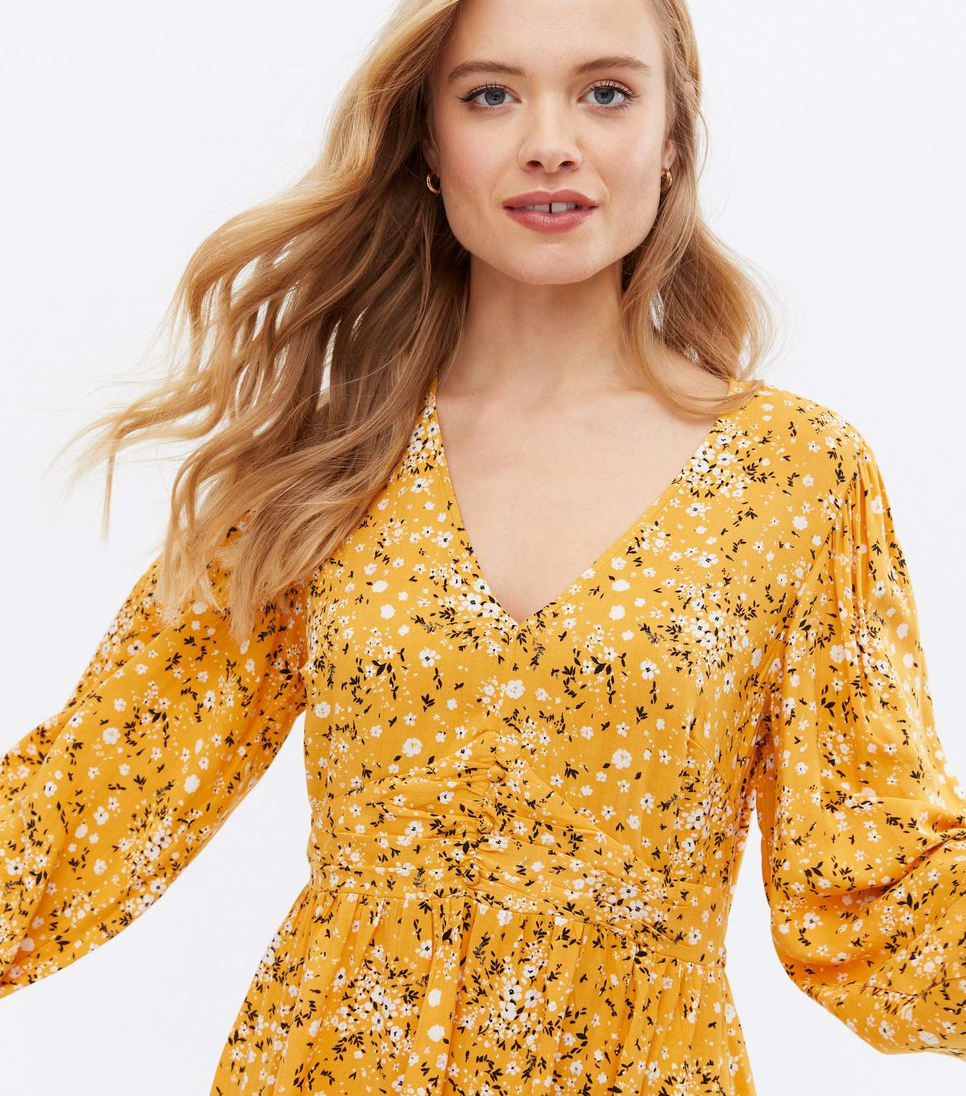 Yellow Ditsy Floral Puff Sleeve Button Mini Dress Image 3