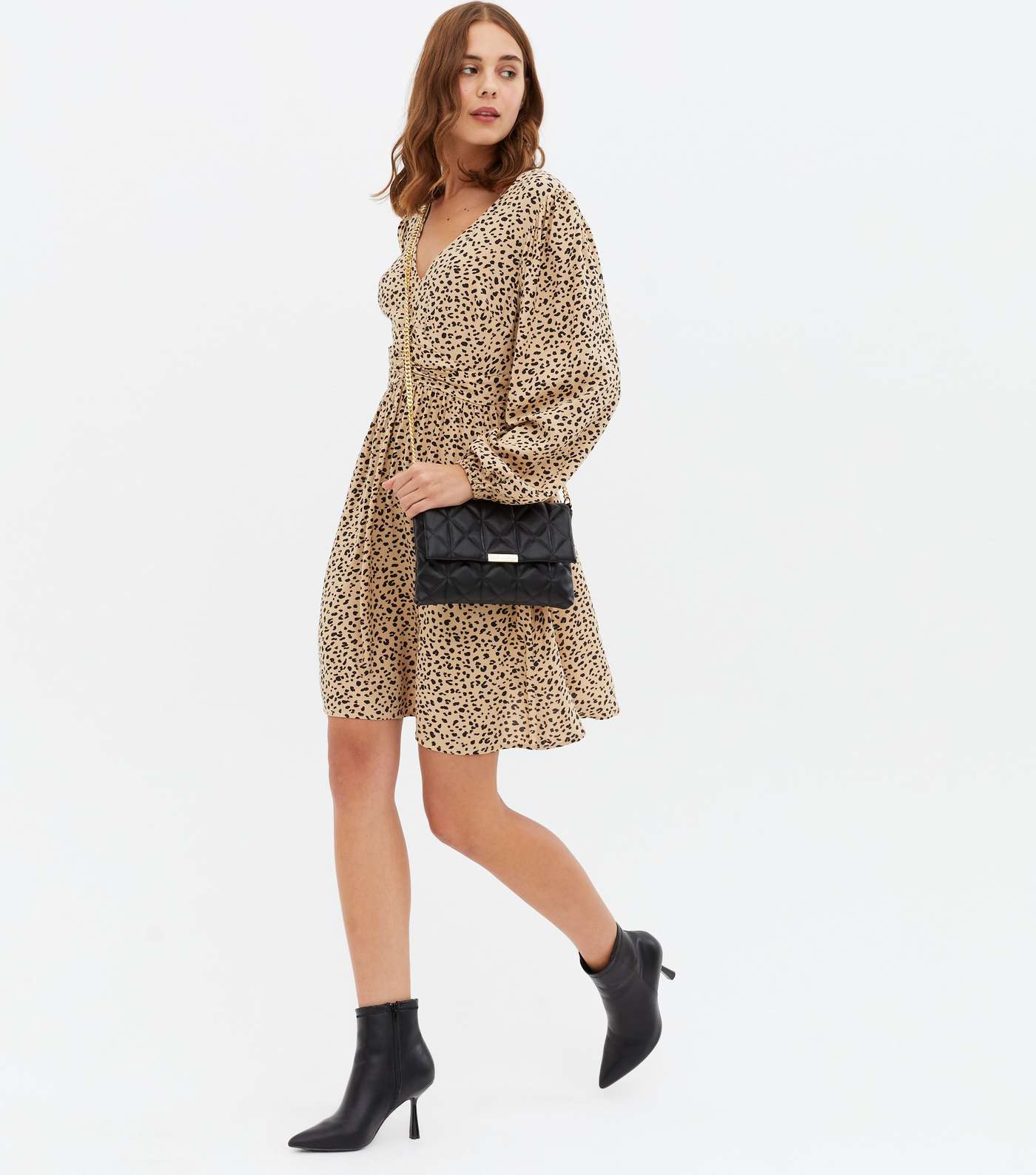 Brown Leopard Print Ruched Long Sleeve Mini Dress Image 2