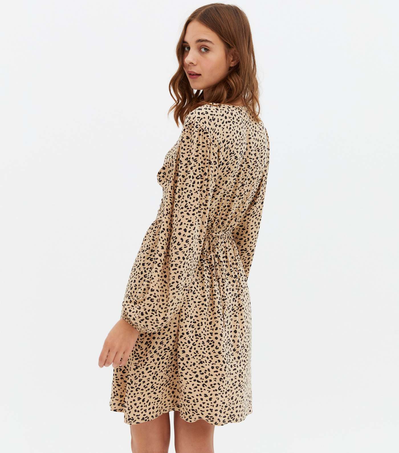 Brown Leopard Print Ruched Long Sleeve Mini Dress Image 4