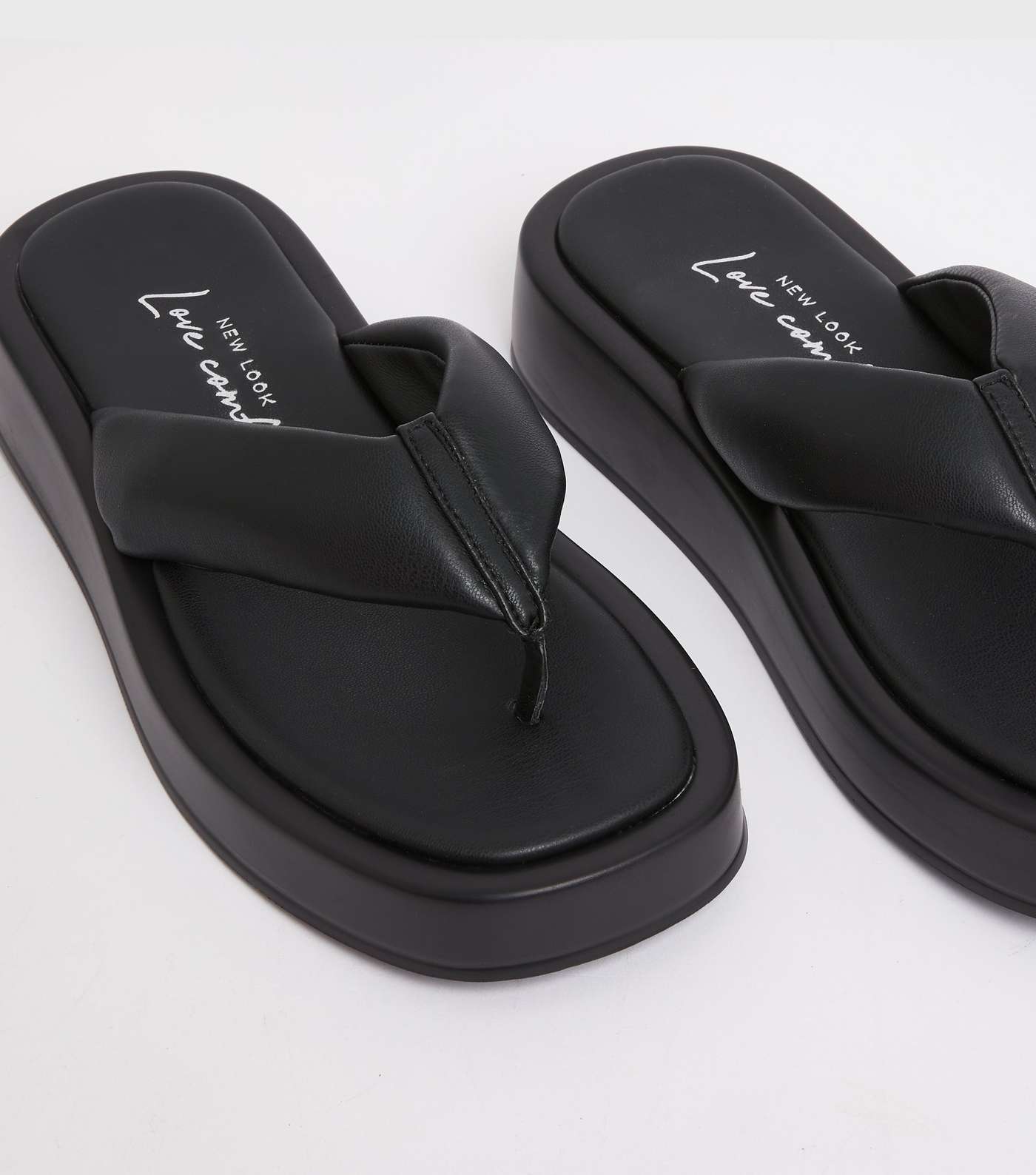 Black Leather-Look Padded Chunky Flip Flops Image 3