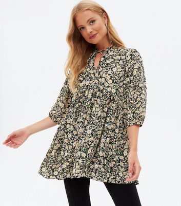 Black floral tunic store top