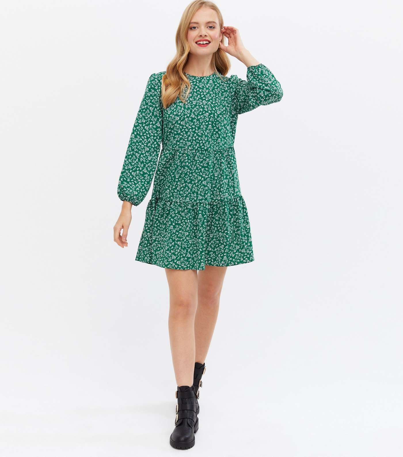 Green Floral Tiered Mini Oversized Smock Dress Image 2