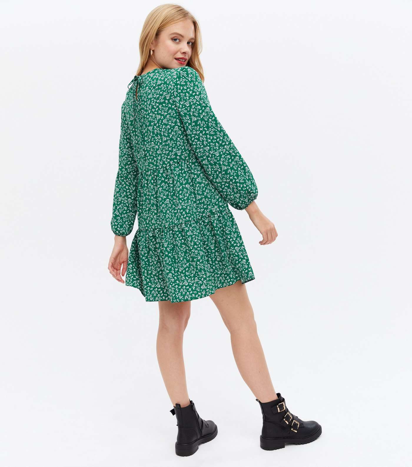 Green Floral Tiered Mini Oversized Smock Dress Image 4