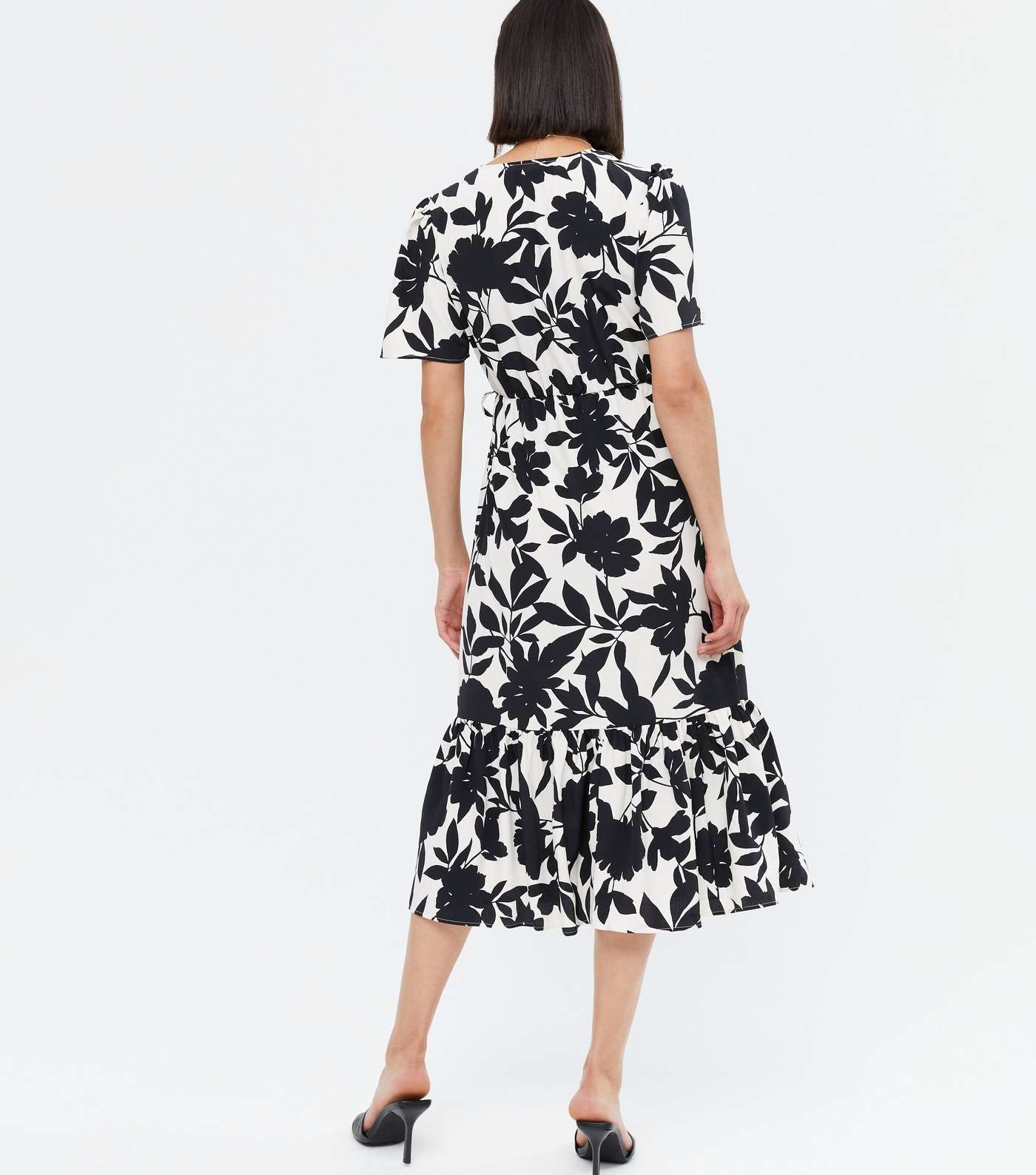 White Floral Wrap Belted Tiered Midi Dress Image 4