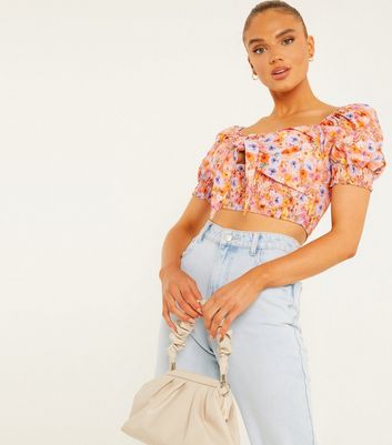 Click to view product details and reviews for Quiz Bright Orange Shirred Tie Front Crop Top New Look.