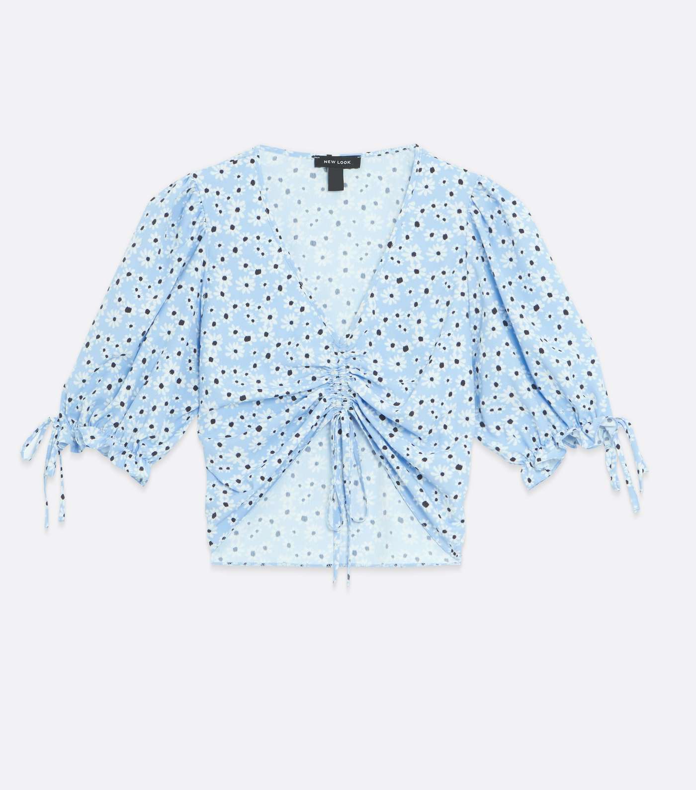 Blue Daisy Ruched Tie Front Crop Blouse Image 5