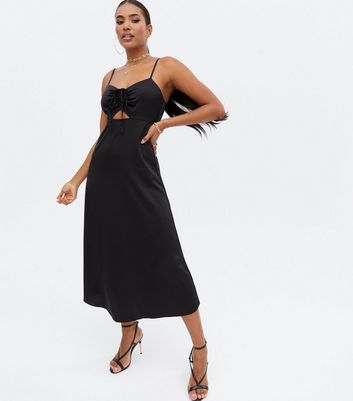 Black satin midi slip dress online