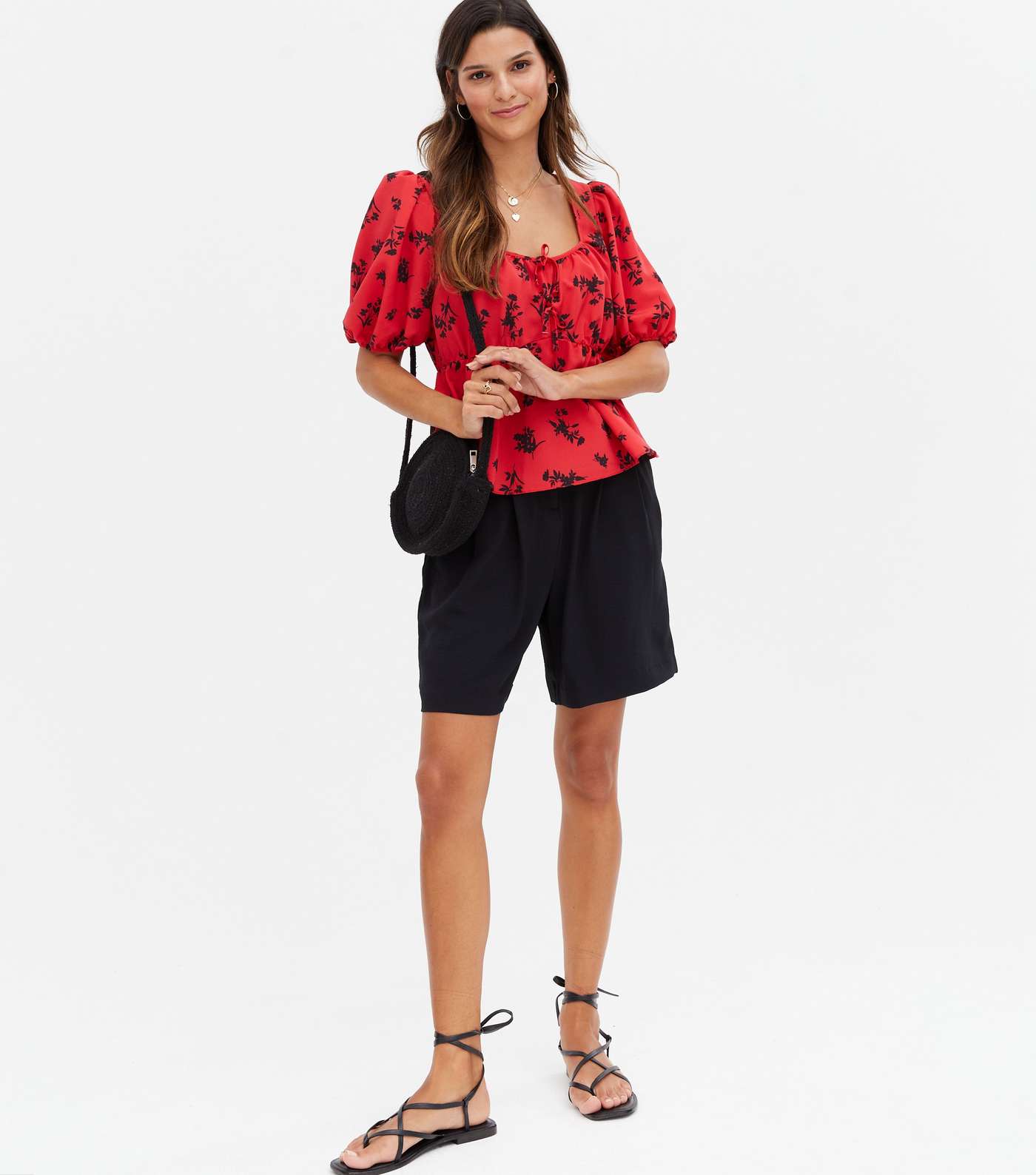 Red Floral Tie Front Peplum Tea Blouse Image 2