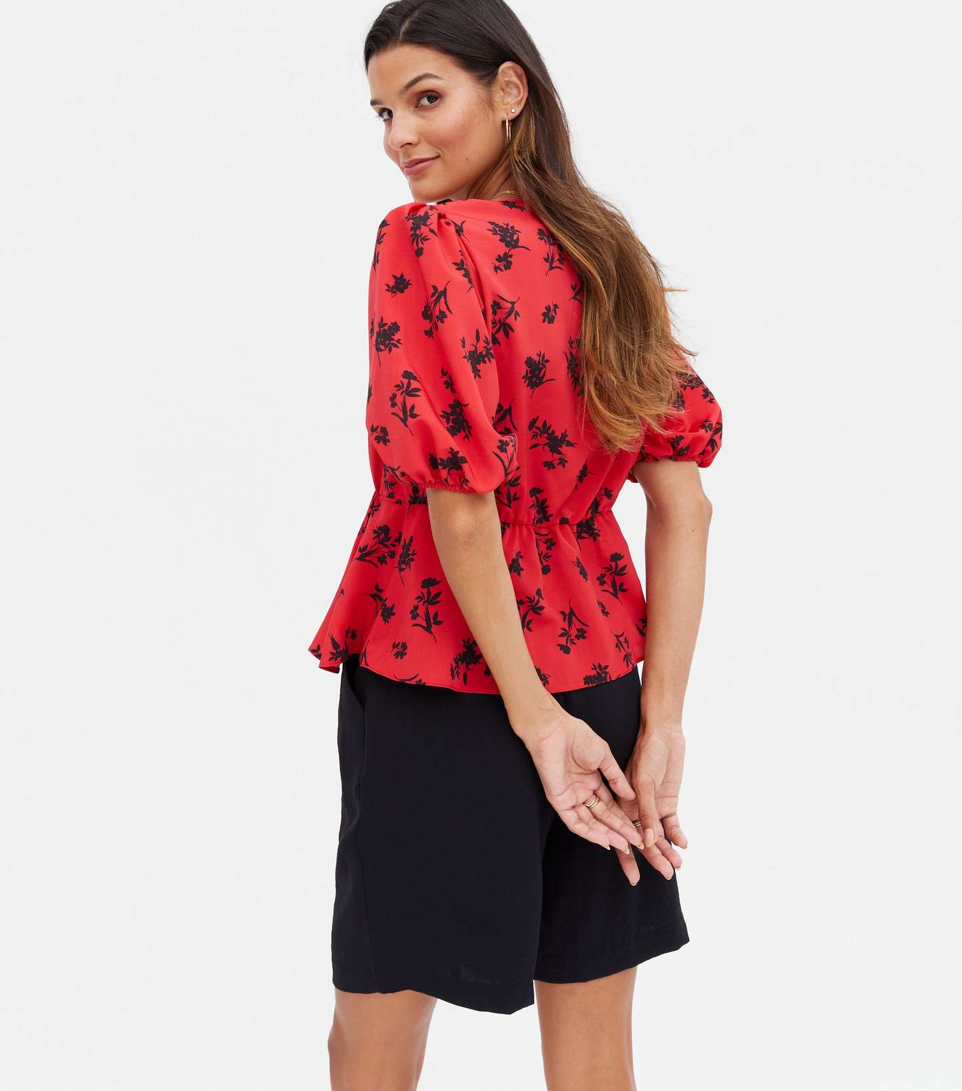 Red Floral Tie Front Peplum Tea Blouse Image 4