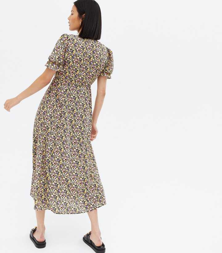 Cameo Rose Black Ditsy Floral Ruffle Midi Wrap Dress | New Look