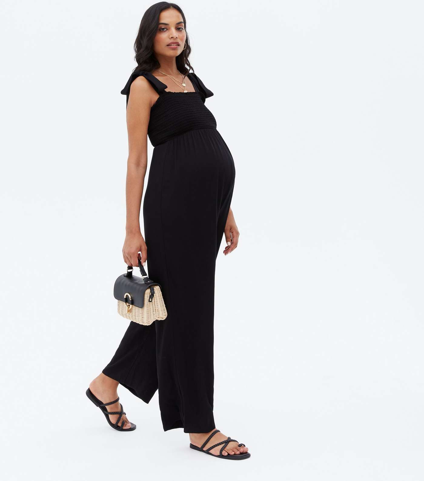 Maternity Black Shirred Tie Strap Wide Leg Jumpsuit Image 2