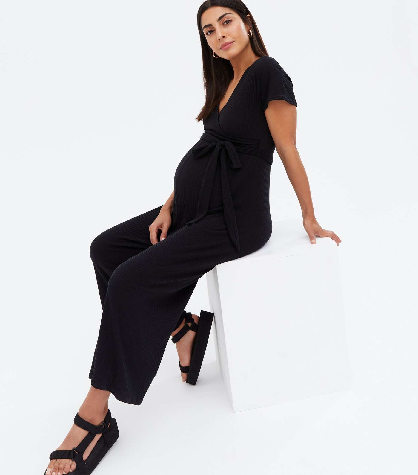 Maternity Black Ribbed Wrap Crop Jumpsuit Image 2