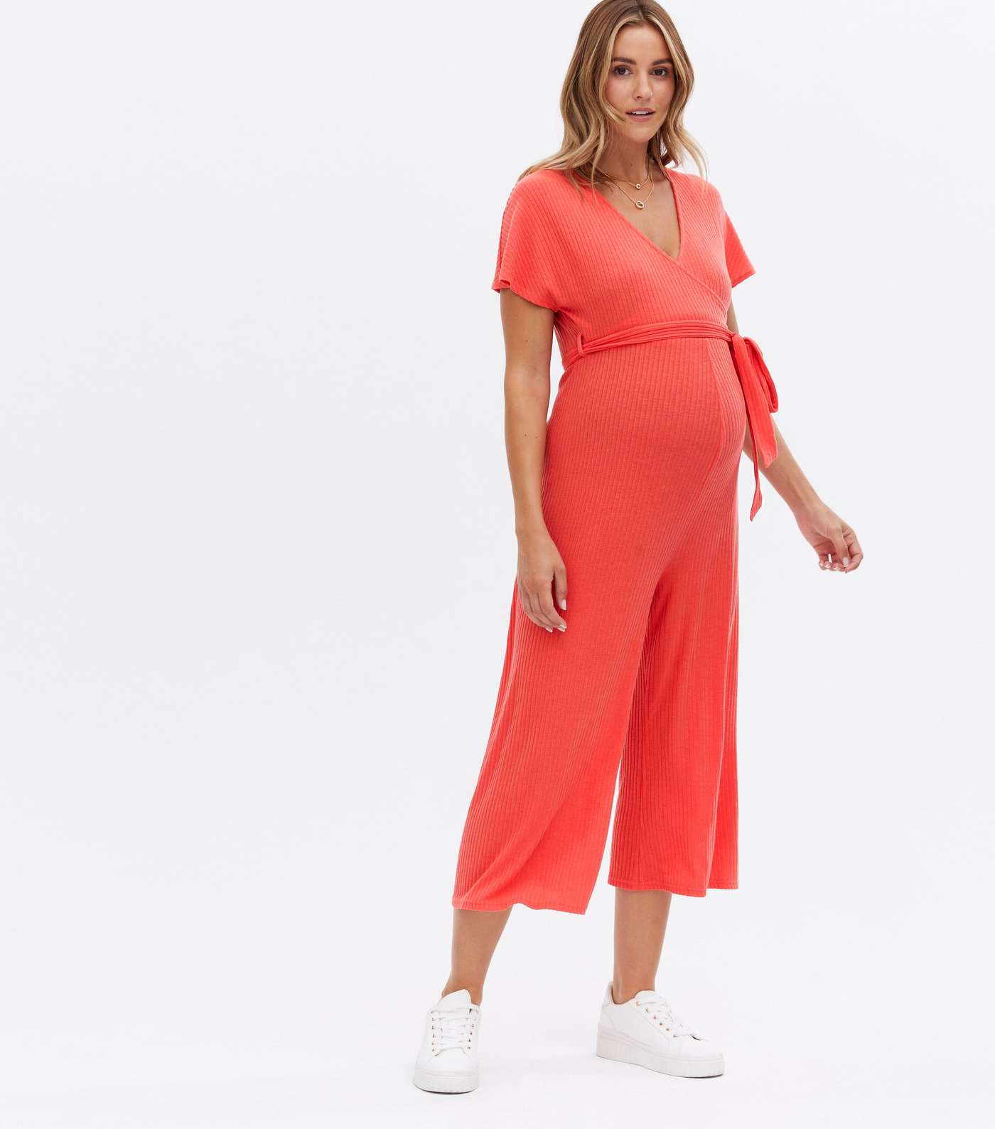 Maternity Coral Ribbed Wrap Crop Jumpsuit Image 2