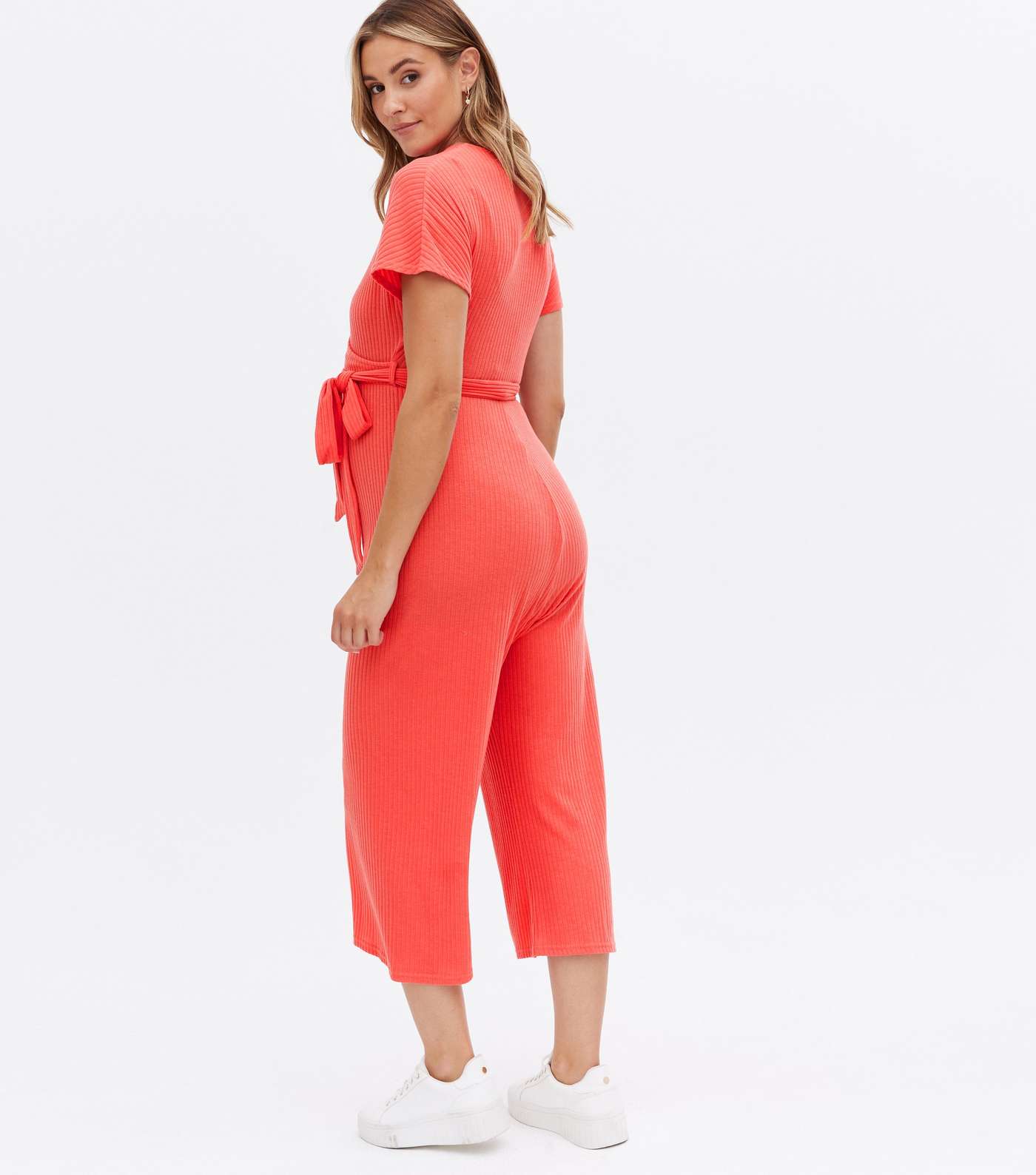 Maternity Coral Ribbed Wrap Crop Jumpsuit Image 4