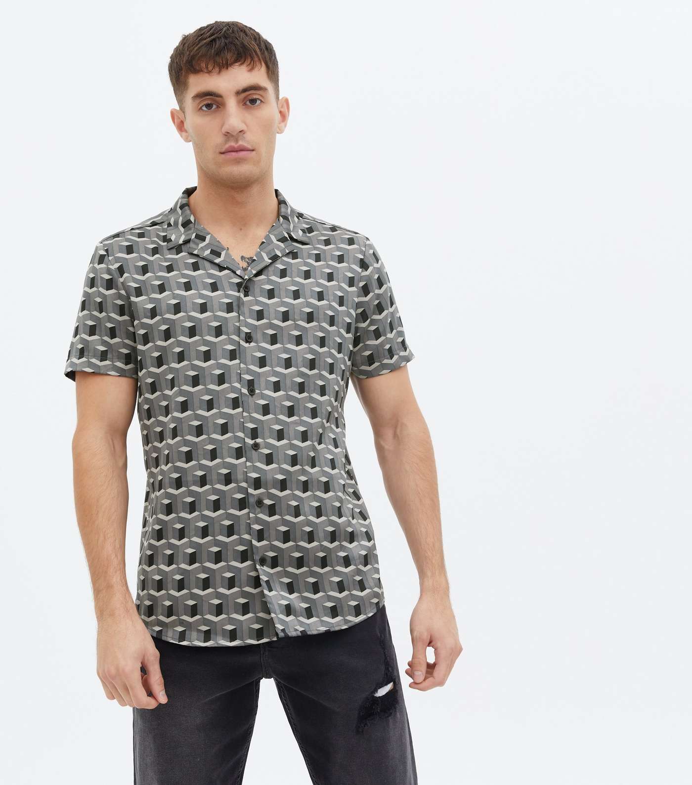 Grey Geometric Short Sleeve Shirt Image 2