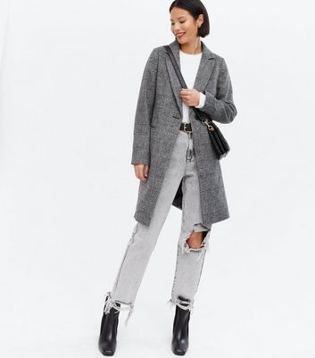 new look black dogtooth belted long coat
