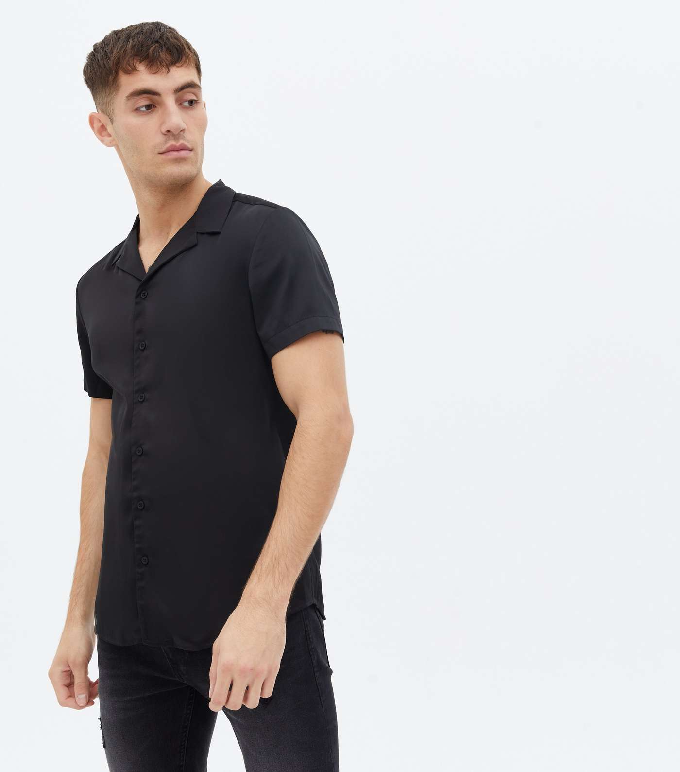 Black Satin Revere Collar Short Sleeve Shirt Image 2