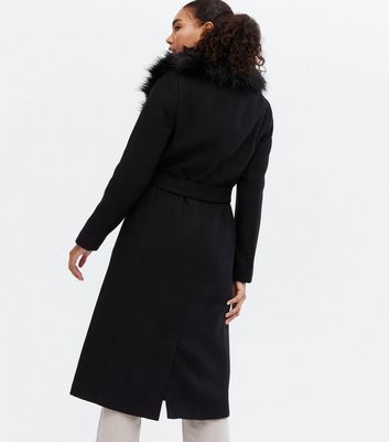 Black belted coat shop with fur collar