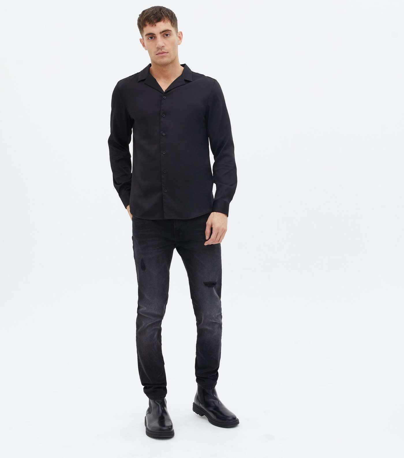 Black Satin Revere Collar Long Sleeve Shirt Image 3