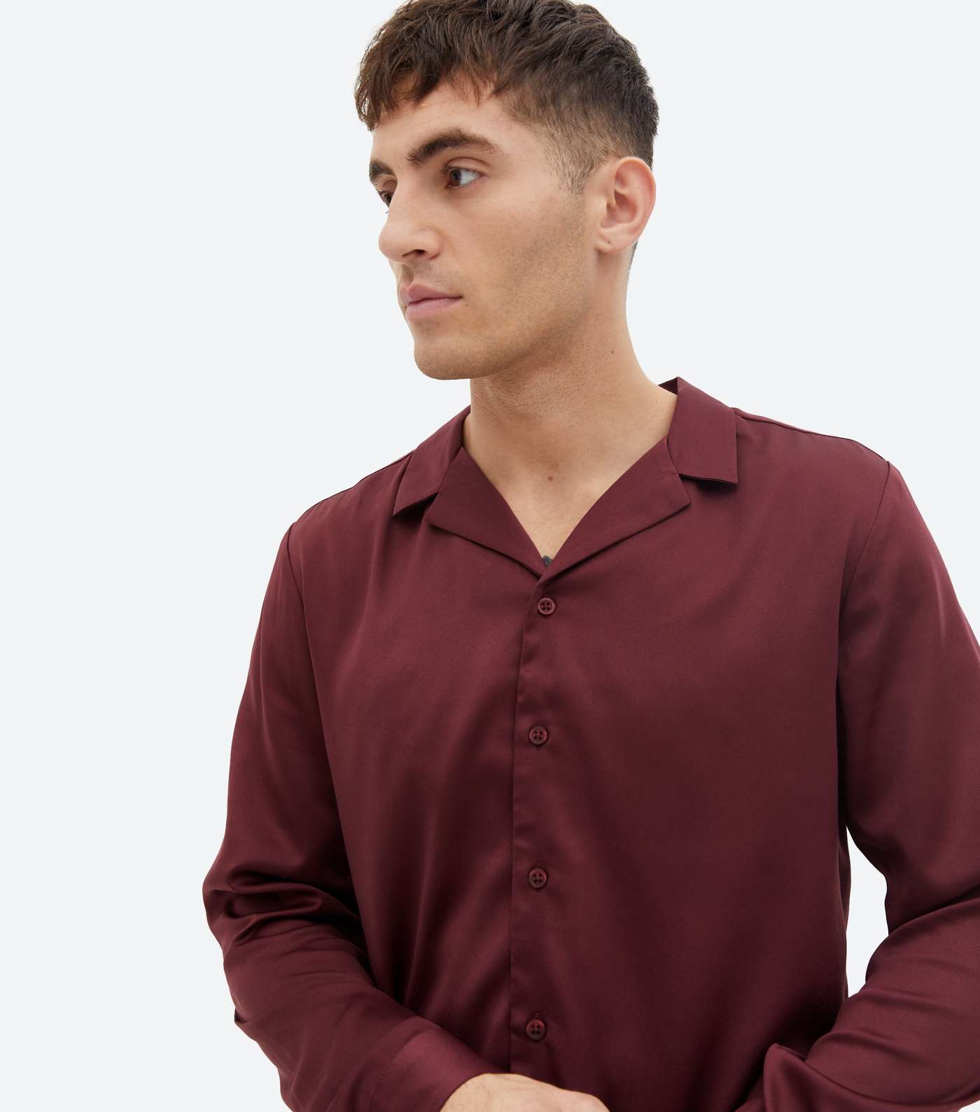 Burgundy Satin Revere Collar Long Sleeve Shirt