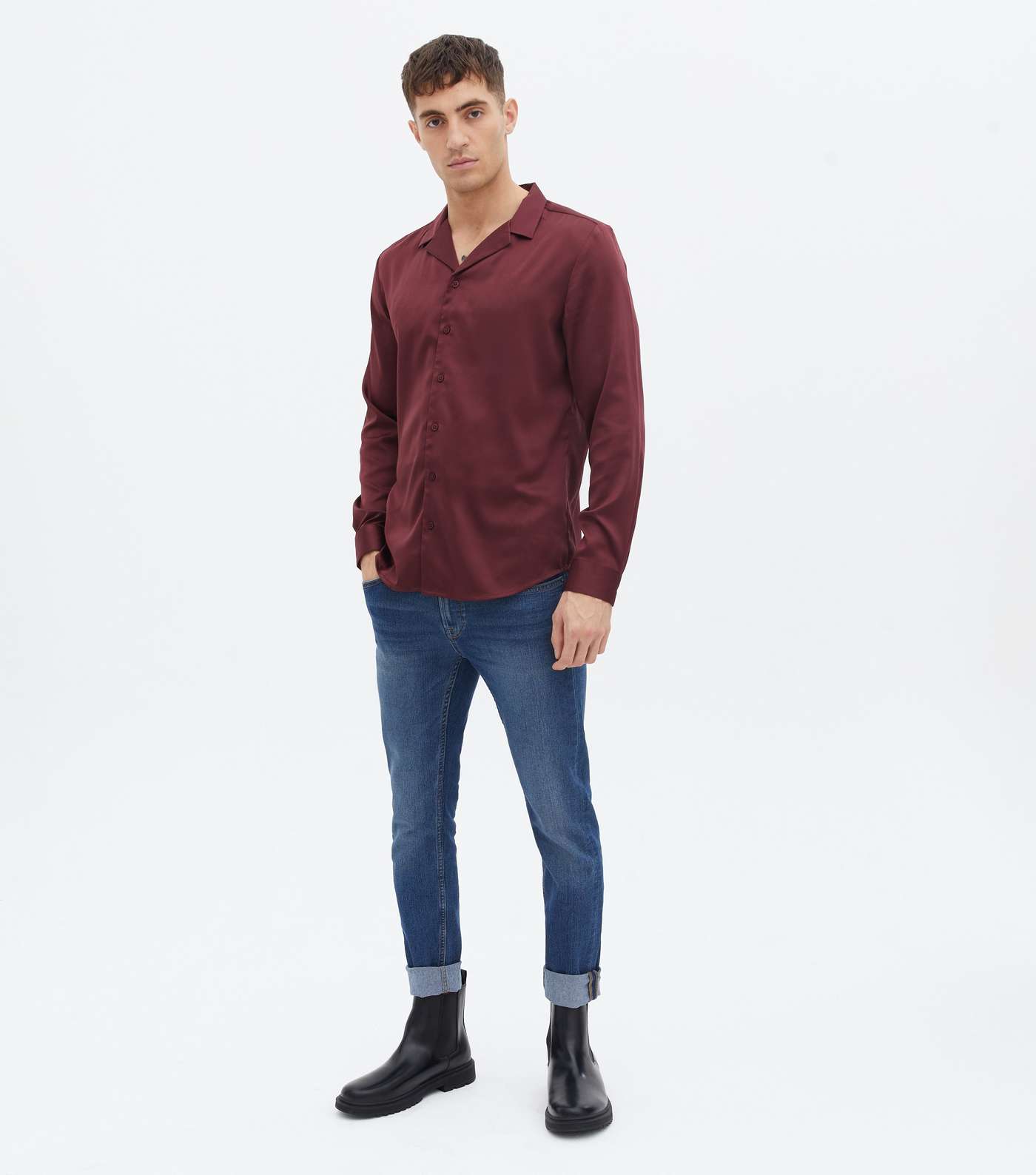 Burgundy Satin Revere Collar Long Sleeve Shirt Image 3