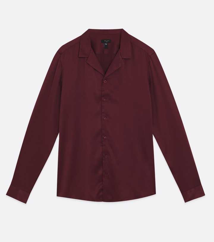 Burgundy Satin Revere Collar Long Sleeve Shirt | New Look