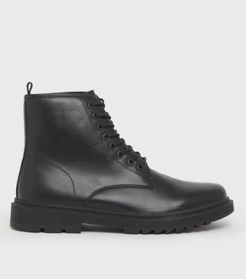 Black Leather-Look Chunky Lace Up Ankle Boots