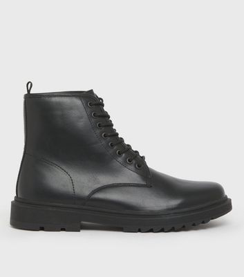 Black Leather Look Chunky Lace Up Ankle Boots New Look