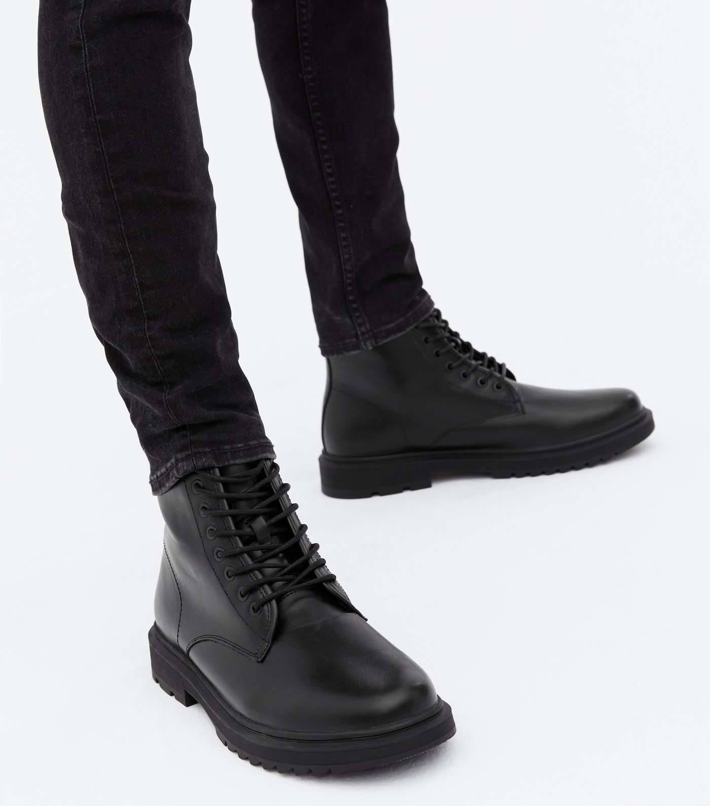 Black Leather-Look Chunky Lace Up Ankle Boots Image 2