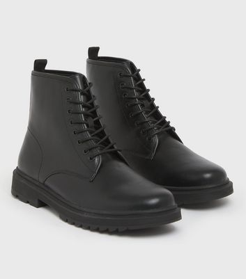 Men's Black Leather-Look Chunky Lace Up Ankle Boots New Look