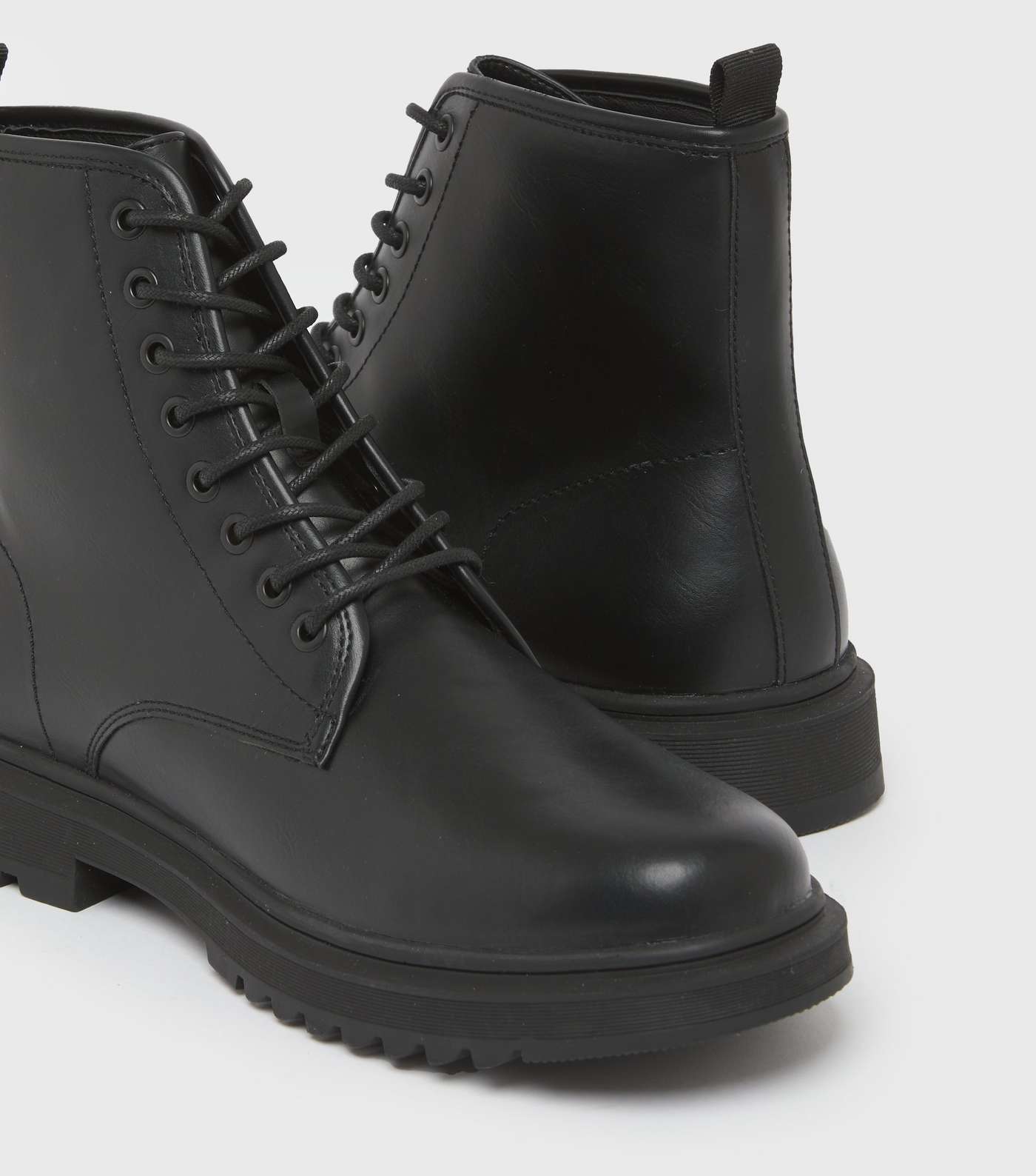 Black Leather-Look Chunky Lace Up Ankle Boots Image 4