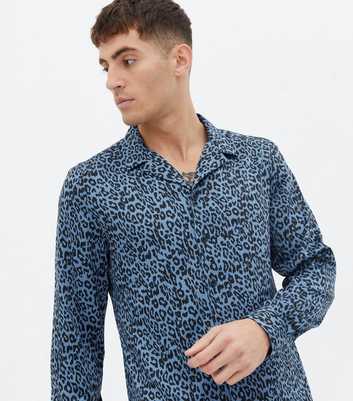 Blue Leopard Print Satin Long Sleeve Shirt