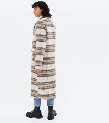 White Check Brushed Double Breasted Maxi Coat New Look