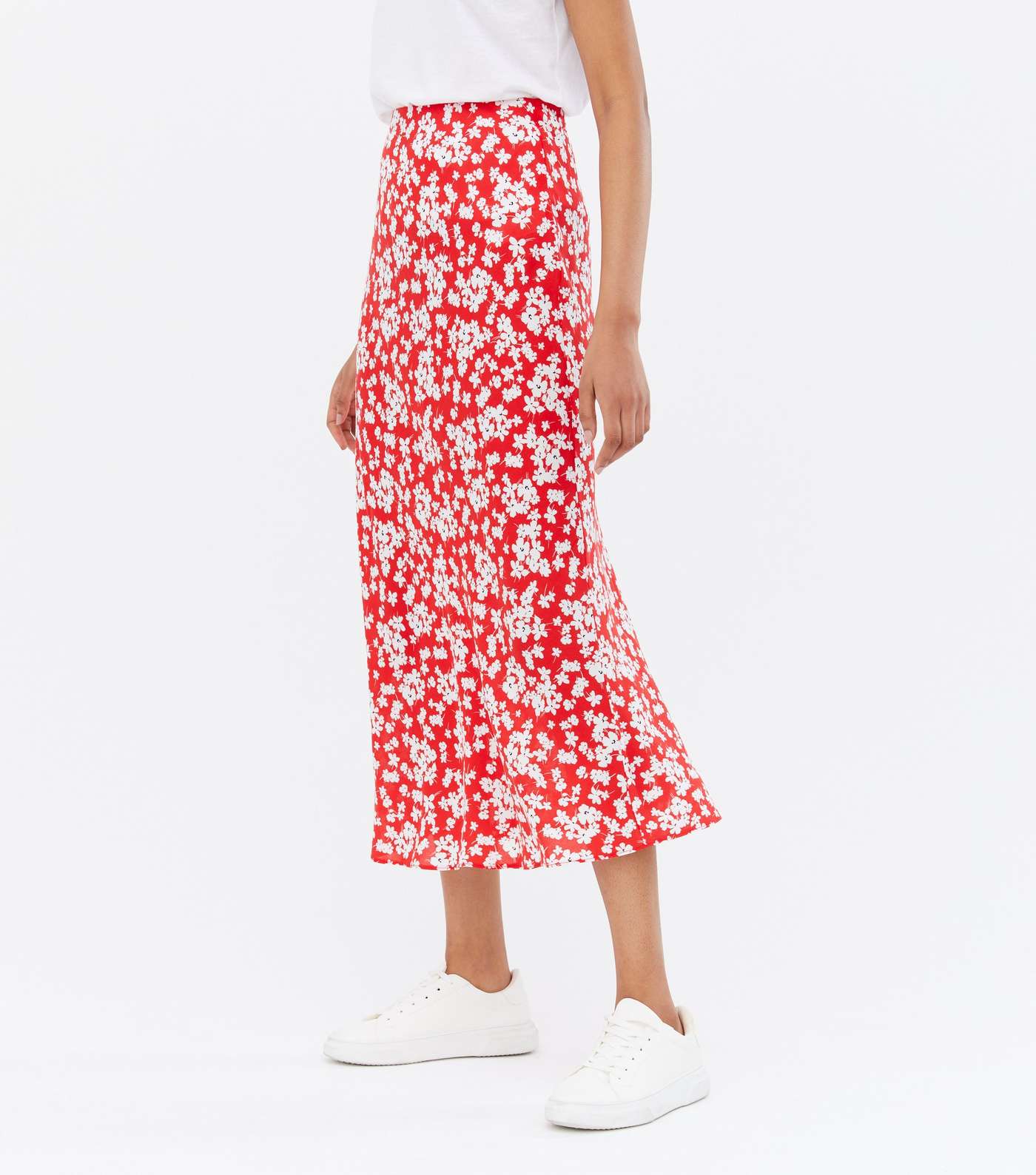 Tall Red Floral High Waist Bias Cut Midi Skirt Image 2