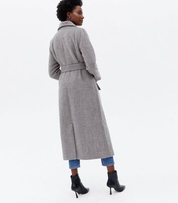 Pale Grey Brushed Belted Maxi Coat 