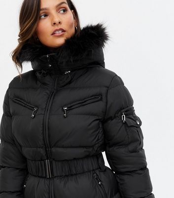 black coat with pink fur hood