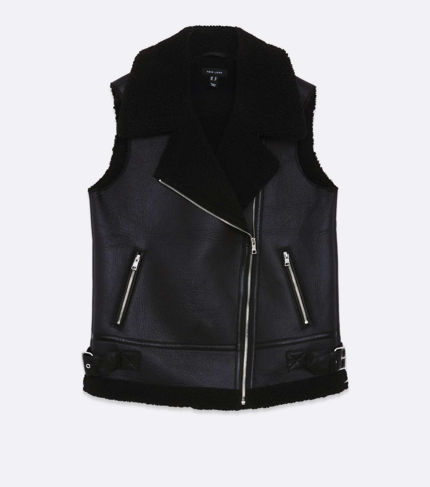Black Leather-Look Sleeveless Aviator Jacket Image 6