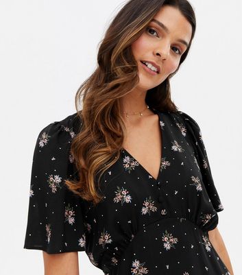 Black Floral Button Front Midi Dress 
