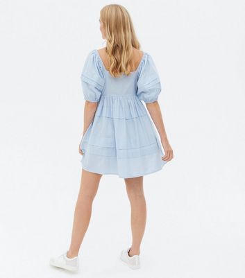 Pale Blue Poplin Tiered Mini Oversized Smock Dress New Look