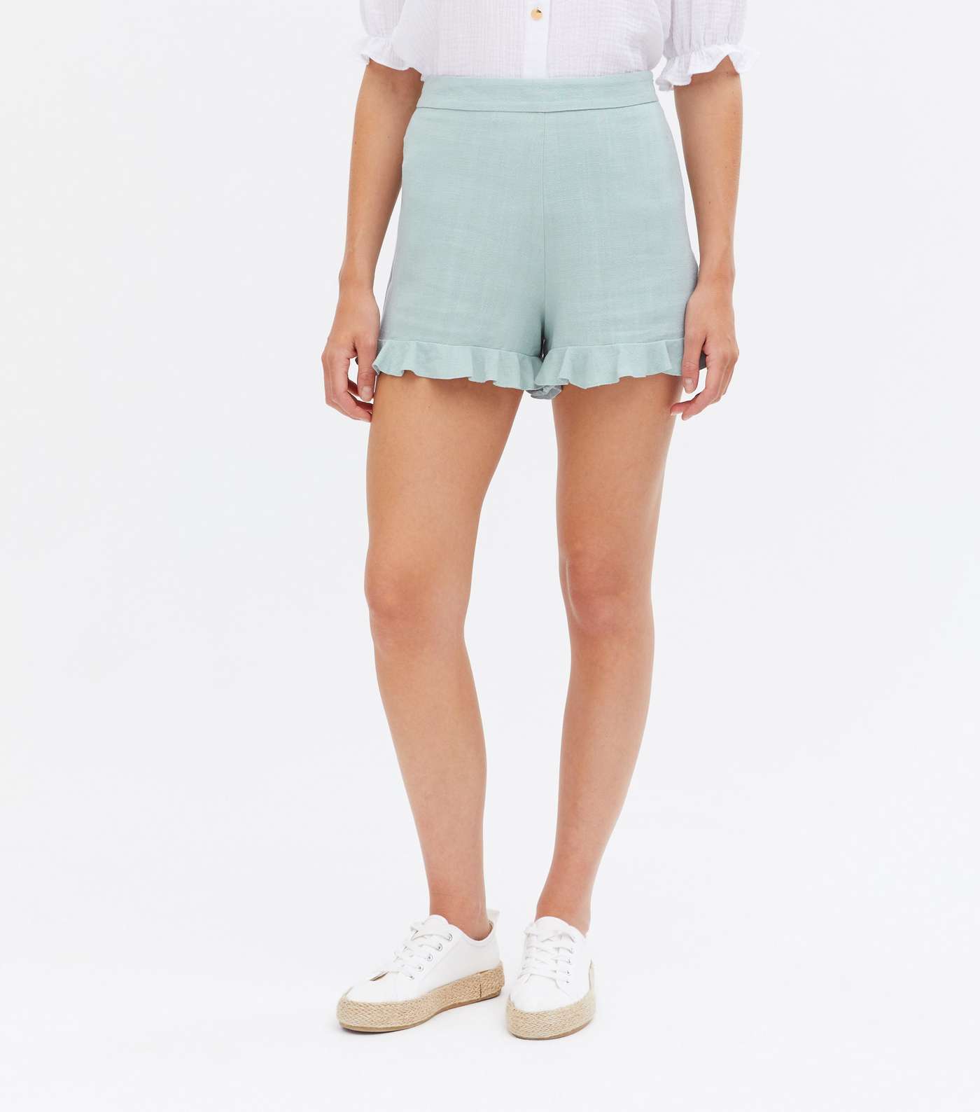 Pale Blue Linen Look Frill Shorts Image 2