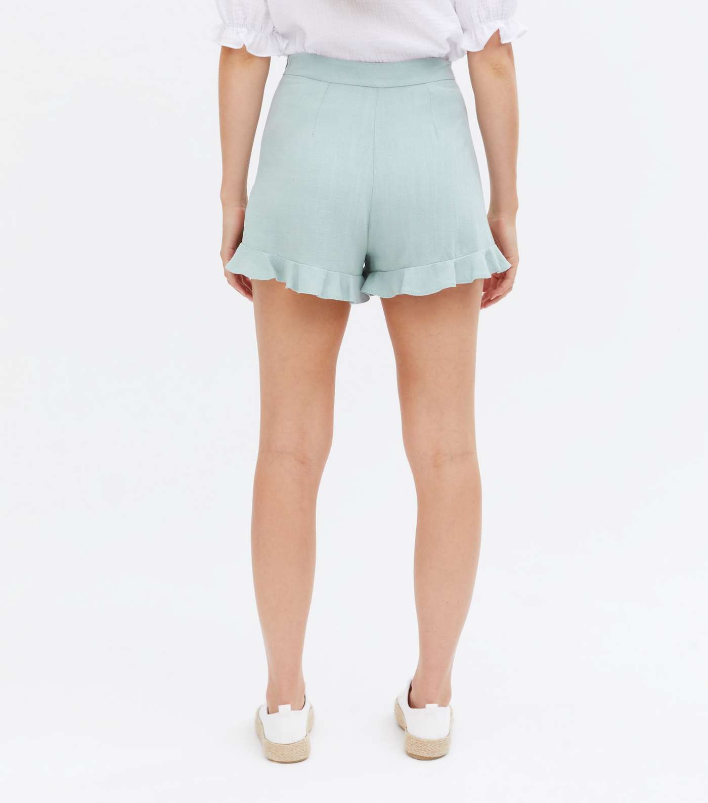 Pale Blue Linen Look Frill Shorts Image 4