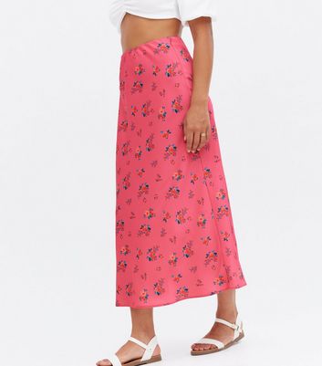 Pink Ditsy Floral Satin Bias Cut Midi 